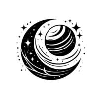 Stylized black and white illustration depicting a cosmic scene with a crescent moon, planets, and stars in a celestial arrangement. vector