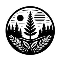 Black and white circular nature illustration featuring a central stylized tree, forest silhouettes, sun, moon, and foliage elements. vector