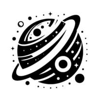 Monochrome Stylized Planet with Rings, Stars, and Celestial Bodies in a Minimalist against a White Background. vector