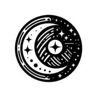 Celestial Mandala Black and White Circular Featuring Crescent Moon, Stars, and Geometric Patterns on a White Background. vector