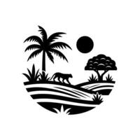 Silhouette of a panther traversing a stylized savanna, with palm tree, rounded tree, sun, and textured rolling landscape within a circular frame. vector