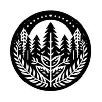 Intricate Black and White Circular Forest featuring stylized evergreen trees, foliage, and dotted border, in a minimalist aesthetic. vector