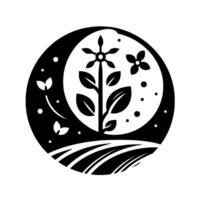 A stylized black and white circular illustration of a plant with floral elements, set against a stylized night sky and field, suggesting growth and natures beauty. vector