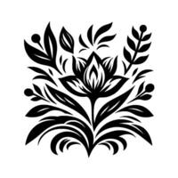 Intricate Black and White Floral Design A symmetrical, minimalist illustration of a stylized flower with leaves and berries, set against a clean white background. vector