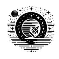 Black and white minimalist illustration of a rocket launching from Earth, surrounded by stars and celestial bodies, representing space exploration. vector