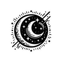 Celestial Black and White Illustration Crescent Moon and Stars in a Cosmic Circle Frame with Decorative Ornaments. vector