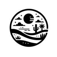 Minimalist desert landscape within a circle, featuring a stylized sun with expression, clouds, cactus, palm tree, and terrain in black and white. vector