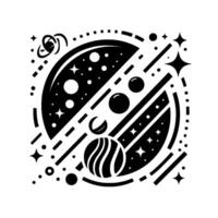Stylized monochrome cosmos illustration featuring planets, stars, and orbits within a circular geometric composition, evocative of space exploration. vector