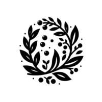 Stylized Black and White Botanical Circle Composition featuring Leaves, Berries, and Organic Decorative Elements on White Background. vector