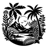 Black and White Tropical Island Silhouette Palm Trees, Mountain, Lake, Monkey, Birds, and Lush Foliage in a Circular Composition. vector