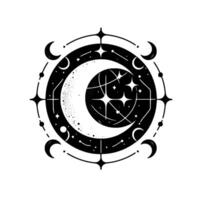 Intricate celestial art, featuring a cosmic composition of moons, stars, and constellations within a circular frame, symbolizing mystery. vector