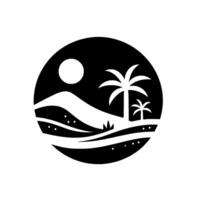 Serene Black and White Silhouette of a Tropical Landscape with Rolling Hills, Palm Trees, and a Bright Moon within a Circular Frame. vector