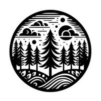 Black and White Circular CutOut Forest Silhouette with Trees, Clouds, and Natural Elements, within a Frame vector