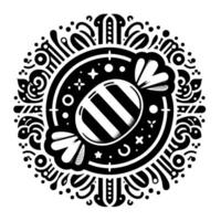 Black and white circular illustration of a striped candy in the center surrounded by decorative swirls, dots, and starlike shapes. vector