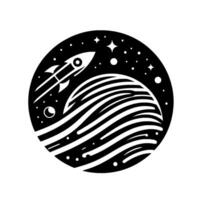 A monochrome, circular illustration of a rocket ascending from a striped planet, surrounded by stars and celestial bodies in the vast expanse of space. vector