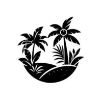 Monochrome Tropical Island Logo Two Palm Trees, Flora, and Land in Circular Design, Black and White, Simple Beachy Aesthetic. vector