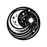 Monochromatic Celestial YinYang Moon, Stars, and Sun Intertwined in a Circular, Minimalist vector