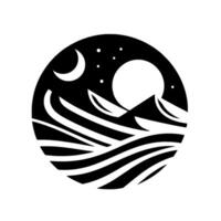 Black and white stylized illustration of a seascape with crescent moon, stars, mountains, and waves contained within a circle, nighttime. vector