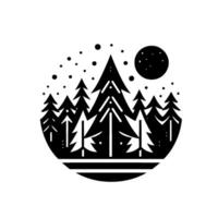 Stylized Black and White Forest Scene Silhouette of Pine Trees, Crescent Moon, and Snowflakes within a Circular Frame. vector
