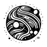Black White Cosmic Orb Swirling Abstract Lines and Spheres in Stellar Arrangement Amidst Dots and Starbursts. vector