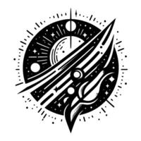 A striking black and white celestial emblem featuring stars, planets, a cometlike streak, and a decorative outer circle, creating a cosmic design. vector