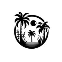 Silhouette of a Tropical Paradise in a Circle, Featuring Palm Trees, Sun, and Vegetation in Monochrome vector