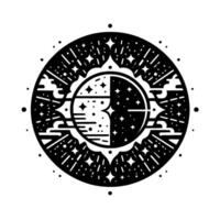 Intricate Celestial Emblem A Black and White MandalaStyle Illustration Depicting Day and Night Cycles, with stars and subtle cloud motifs. vector