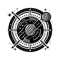 Celestial Compass A minimalist black and white illustration featuring planets, stars, and radial lines within a circular design, evoking cosmic navigation. vector