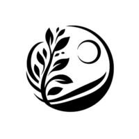 Black and white minimalist featuring a stylized plant, crescent moon, and flowing lines within a circular frame. vector