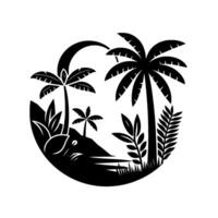 Silhouette of a tropical island scene palm trees, greenery, and a crescent moon, enclosed within a circular frame. vector