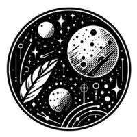 Celestial emblem of moons, stars, and feather within a circular black and white minimalist with mystic symbols. vector