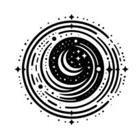 Celestial Mandala Crescent Moon and Stars within concentric circles, creating a cosmic black and white design. vector