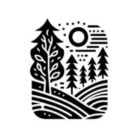 Monochromatic Landscape Trees, Sun, Rolling Hills, Geometric Arrangement in a Rectangular Frame. vector
