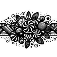 Black and white swirling floral arrangement with stylized candies, leaves, and patterned borders on a clean white background. vector