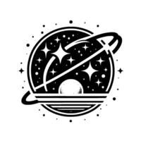 Stylized Black and White Illustration Planet with Rings and Starry Interior, SunHorizon, and Scattered Cosmic Elements, on White Background. vector