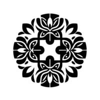 Intricate Black Floral Mandala with Central Geometric Cross Motif, White Background, symmetrical pattern. vector