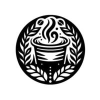 Monochromatic Illustration of Steaming Coffee Cup Surrounded by Laurel Wreath within a Black Circular Frame on White Background. vector