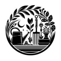 Circular Black and White Illustration of a Garden Scene with Watering Can, Trowel, Plants, Moon, and Stars. vector