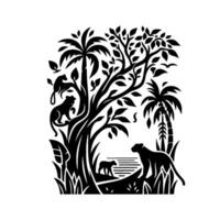 Silhouette Illustration of a jungle scene with a family of leopards, trees, and a stylized mountain range by the water. vector