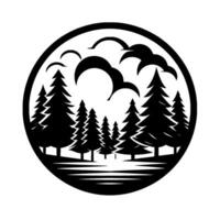 Circular minimalist illustration of evergreen forest silhouette, featuring trees, clouds, and a lake, rendered in black and white. vector