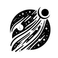 Stylized Black and White Cosmic Illustration Planetary Orbit with Stars, Comets, and Celestial Bodies, on a White Background. vector