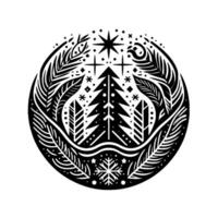 A symmetrical black and white Christmas ornament with a central Christmas tree, feathers, snowflakes, and star elements, enclosed in a circular frame. vector