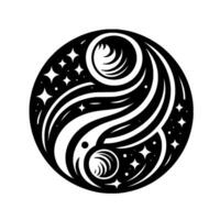 Cosmic Yin Yang Black and White Celestial Mandala with Flowing Swirls, Stellar Dots, and Starburst Accents within a Circle. vector