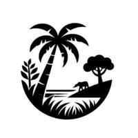 Silhouette of a tropical scene with a palm tree, elephant, and other vegetation, in a black and white circular frame. vector