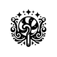 Intricate Black White Illustration of a Swirled Lollipop with Embellished Ornamentation and Star Accents, on a White Backdrop. vector