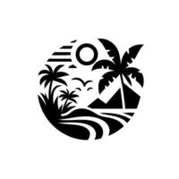 Serene Black and White Circular Illustration Palm Trees, Island, Sun, Birds, and Mountains in a Minimalist Style vector