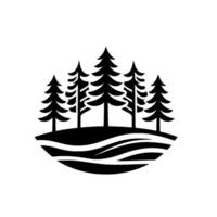 Simple, minimalist black and white illustration of a forest of five pine trees on a hill, presented in a rounded, stylized design. vector