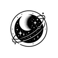 Stylized Black and White Celestial Globe Crescent Moon, Stars, Orbits, and Cosmos in Minimalist Design. vector