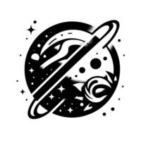 A stylized blackandwhite planetary illustration featuring a ringed planet with celestial elements, floral accents, and dot patterns, resembling a tattoo design. vector
