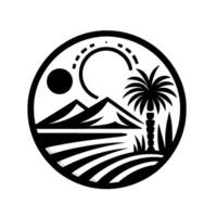 Monochromatic Landscape Inside Circle Mountain Range, Palm Tree, Sun, and Field under a stylized, sunny sky, evoking tranquility. vector